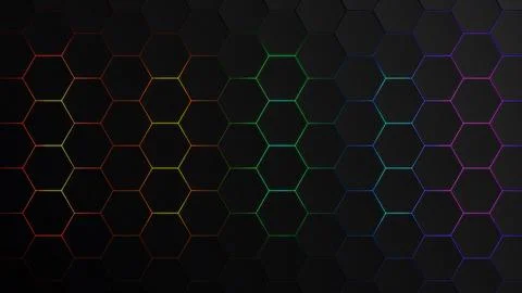 Hexagons pattern on a black background. Vertical colored honeycombs on a da.. Stock Illustration