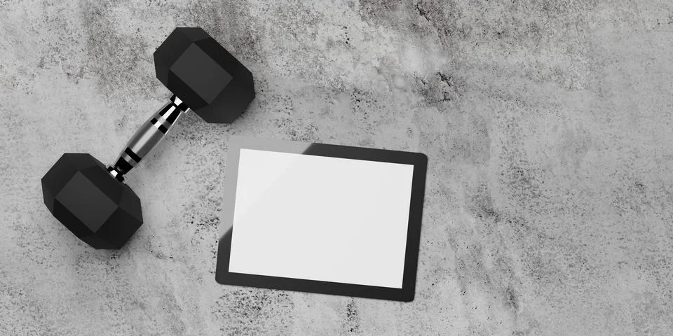 Hexbell or dumbbell with tablet computer on concrete floor background flat la Stock Illustration