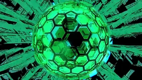 Hexxa visuals Sphere rotating zooming out with shapes moving on the beat Stock Footage 69299679
