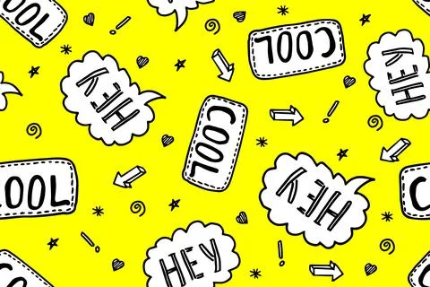 Hey cool text message seamless pattern. Cute speech bubble wallpaper. Yellow 스톡 일러스트
