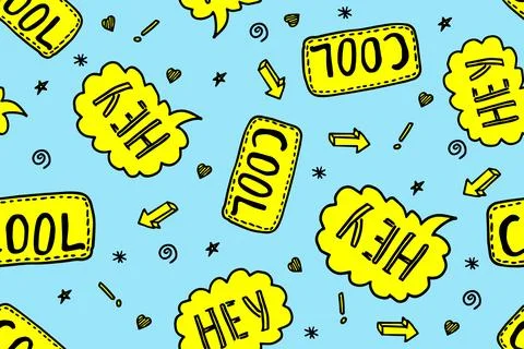 Hey cool text message seamless pattern. Cute speech bubble wallpaper. Yellow and Stock Illustration