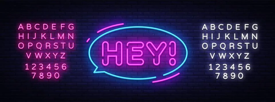 Hey neon text vector design template. Hey sticker neon, light banner design Stock Illustration