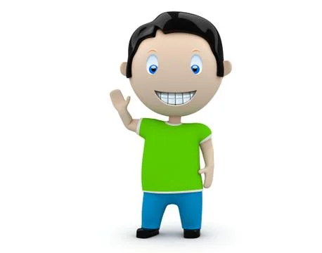 Hey! social 3d characters: happy smiling boy waves his hand. Illustrazione stock