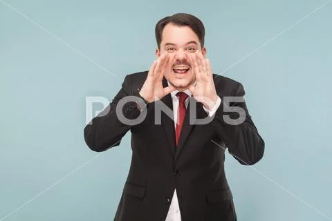 Hey you! Worry businessman shout at camera Stock Photos