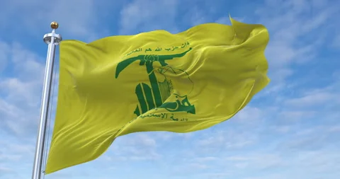 Hezbollah flag with flagpole waving in rolling clouds looping, 4K (Perfect Loop) Video stock 277345207