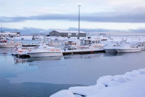 Hfn Port Panorama on Winter ice beach with small boat Stock Photos