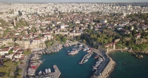 Hi Altitude Reverse Pull Out Aerial Video Antalya Kaleici Old City Harbor Turkey Stock Footage 89271319