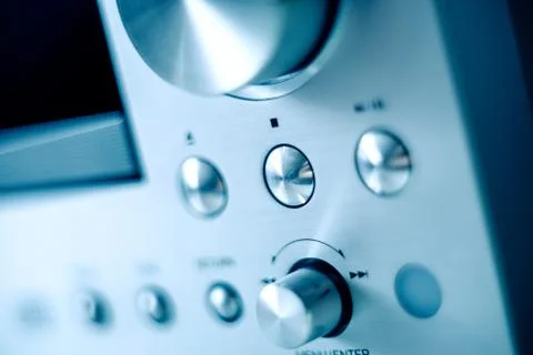 Hi-fi amplifier with multiple knobs and buttons Stock Photos