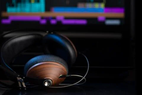 Hi-Fi headphones and computer in a home-studio audio recording and producing Stock Photos