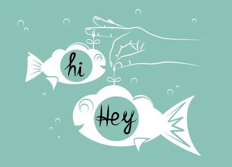 Hi icon. Speech bubbles in form of fish in human hand. Manipulator concept Stock-Illustration
