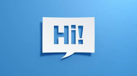Hi! Speech Bubble. White cut out paper on blue background. 3D Render. Illustrazione stock