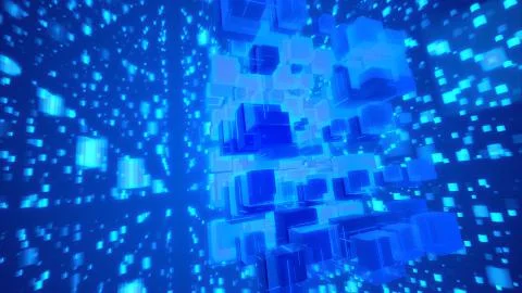 Hi-tech 3d illustration of glittering light blue cubes fixed together as a ma Ilustración de archivo