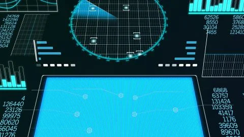 A hi-tech 3d illustration of a plane scanner with a blue rectangle, rows of d Stock Illustration