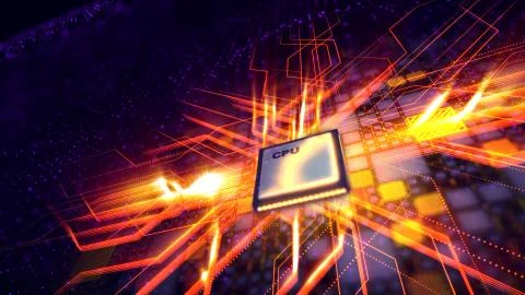 A hi-tech 3d illustration of a square CPU microprocessor with plasma discharg Stock Illustration