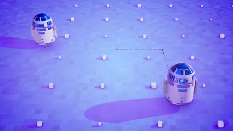 Hi-tech 3d illustration of two smart spherical droids with bright blue window Stock Illustration