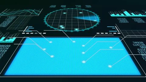 A hi-tech 3d rendering of an airplane scanner with a big blue square and a la Stock Illustration