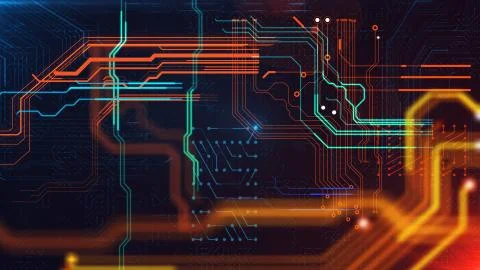 Hi-tech 3d rendering of a current circuit board with orange crisscross lines  Stock Illustration