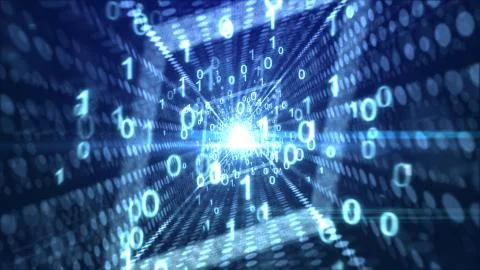 A hi-tech 3d rendering of dashing white zeroes and ones moving through a dist Stock Illustration