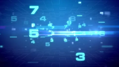 Hi-tech 3d rendering of flying light blue numbers, lines, and spots, between  Stock Illustration