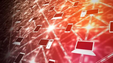 A hi-tech 3d rendering of red and orange computer network from displays and s 스톡 일러스트