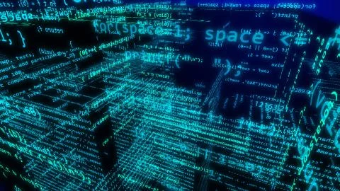 Hi-tech 3D rendering of some digital cyberspace with several surfaces covered Stock-Illustration