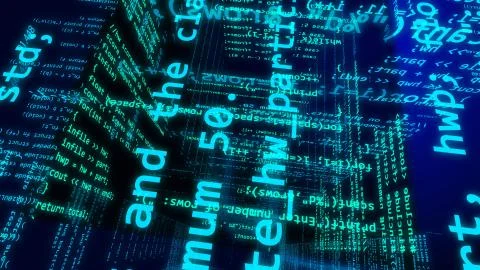 Hi-tech 3D rendering of some digita cyberspace with a lot of surfaces covered 스톡 일러스트