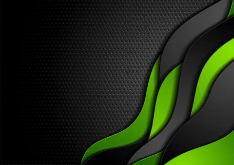 Hi-tech abstract background with green black flowing waves Illustrazione stock