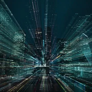 Hi-tech abstract green background. Cityscape of skyscrapers of Moscow City Stock Photos