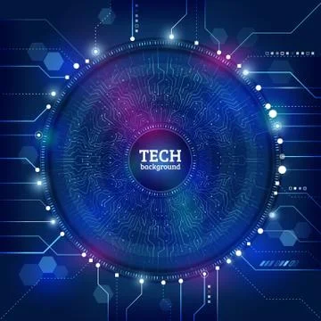Hi-tech computer technology on the blue background. Abstract radial circuit t Stock Illustration