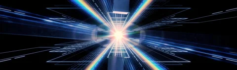 Hi Tech Cyber Space Tunnel With Moving Blocks and Spectrum Light Stock Footage 340980282