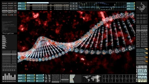 Hi-Tech HUD digital display information of digital DNA molecule and bloody Vídeo Stock 99508799