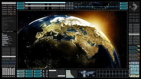 Hi-Tech HUD digital display information. Sunrise Planet earth with night time Stock Footage 99580893