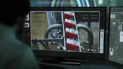 Hi tech interface shows the food manufacturing process at the dairy plant Stock Footage 265087922