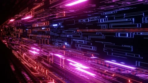 Hi-tech neon sci-fi tunel. Trendy neon glow lines form pattern and construction Stock Footage 171943321