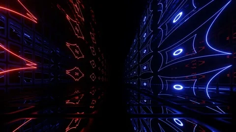Hi-tech neon sci-fi tunel. Trendy neon glow lines form pattern and construction Stock Footage 172114333