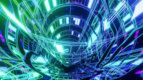 Hi-tech neon sci-fi tunel. Trendy neon glow lines form pattern and construction Stock Footage 172267936