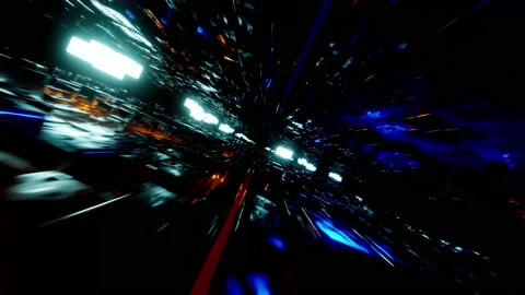 Hi-tech neon sci-fi flight through the grid. Trendy neon glow lines form pattern Stock Footage