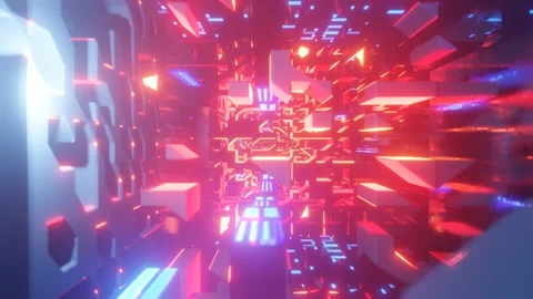 Hi-tech neon sci-fi tunel. Trendy neon glow lines form pattern and construction Stock Footage 174395688