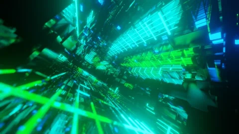 Hi-tech neon sci-fi tunel. Trendy neon glow lines form pattern and construction Stock Footage 181635165