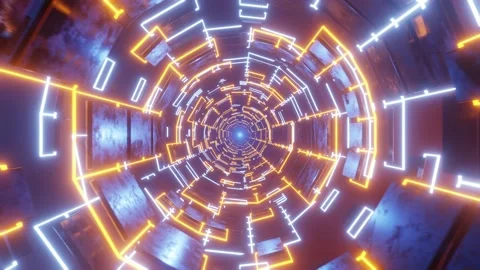 Hi-tech neon sci-fi tunnel. Metal squares form a tunnel. Flight through yello Stock Footage 182100128