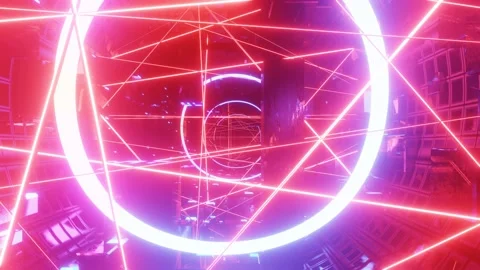 Hi-tech neon sci-fi tunel. Trendy neon glow lines form pattern and construction Stock Footage 188578383