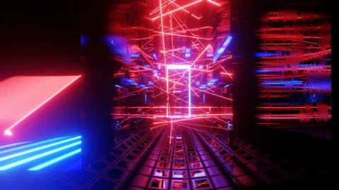 Hi-tech neon sci-fi tunel. Trendy neon glow lines form pattern and construction Stock Footage 190104367