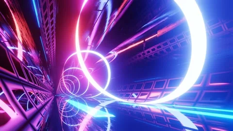 Hi-tech neon sci-fi tunel. Trendy neon glow lines form pattern and construction Stock Footage 192103688