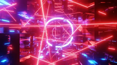 Hi-tech neon sci-fi tunel. Trendy neon glow lines form pattern and construction Stock Footage 194398154