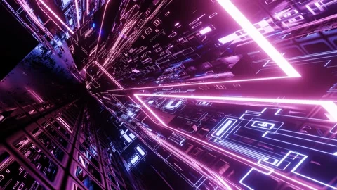 Hi-tech neon sci-fi tunel. Neon pattern hi tech technology. Trendy neon glow Stock Footage 195358473