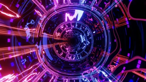 Hi-tech neon sci-fi tunel. Trendy neon glow lines form pattern and construction Stock Footage 195358568