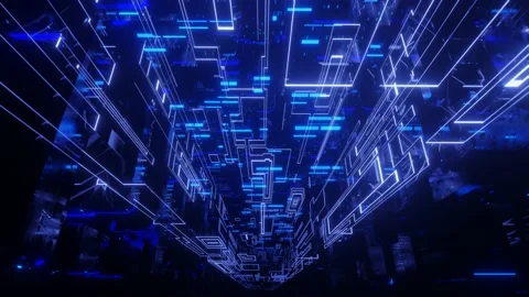 Hi-tech neon sci-fi tunel. Trendy neon glow lines form pattern and construction Stock Footage 195958694