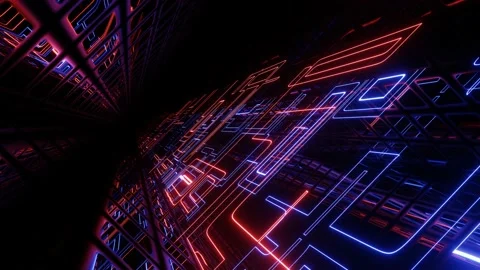 Hi-tech neon sci-fi tunel. Trendy neon glow lines form pattern and construction Stock Footage 195958702
