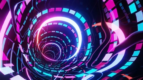 Hi-tech neon sci-fi tunel. Trendy neon glow lines form pattern and construction Stock Footage 196632304