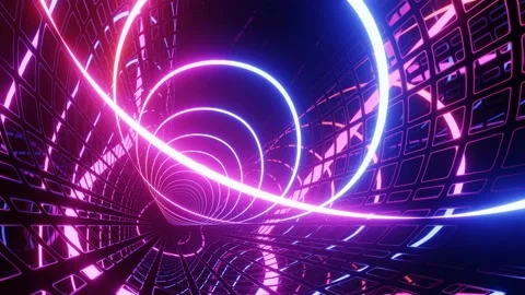 Hi-tech neon sci-fi tunel. Trendy neon glow lines form pattern and construction Stock Footage 197576605